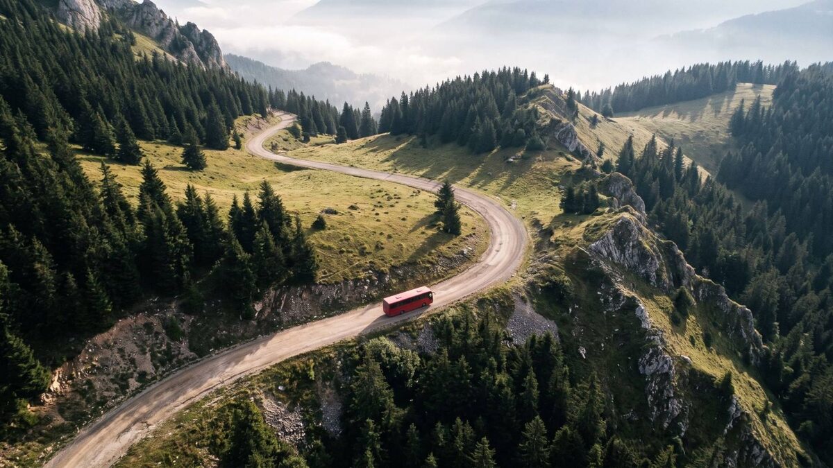Vista aérea de la misma carretera de montaña, con el autobús rojo grande y centrado en una curva.