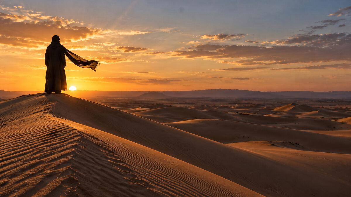 Una figura de espaldas, con una bufanda ondeando al viento, sobre la cresta de una duna al atardecer.